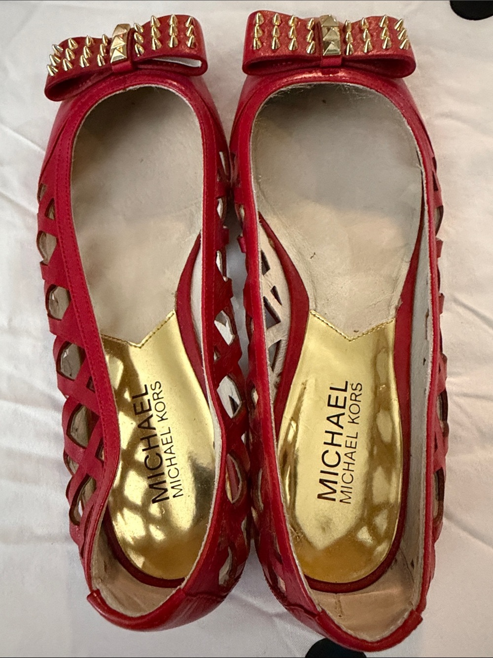 MICHAEL Michael Kors Red Bow Studded Cutout Flats - 6M